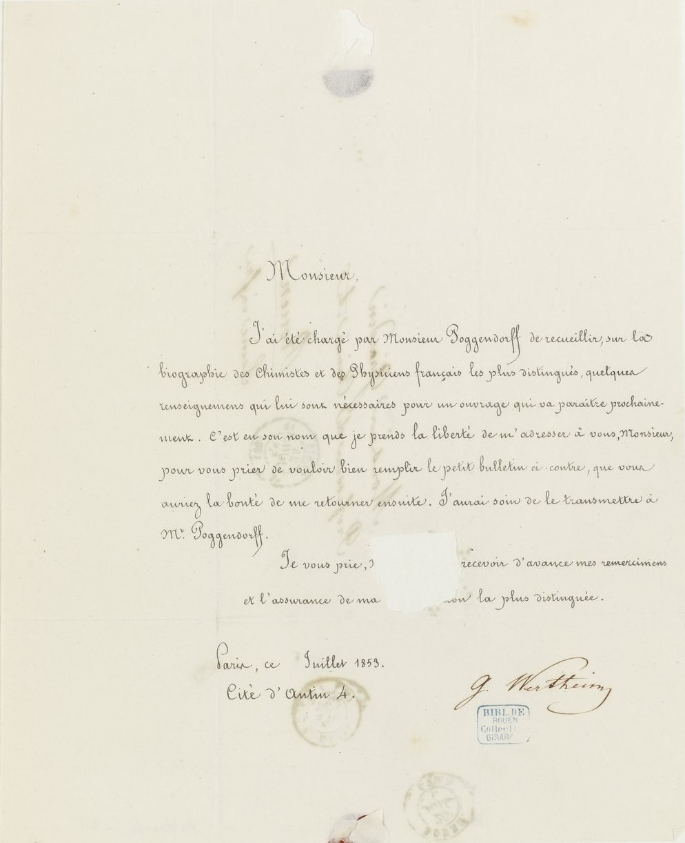 Une lettre autographe signee de Guillaume Wertheim